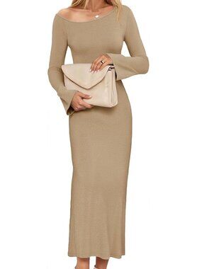 NWT Wenrine Women's Off Shoulder Bodycon Sweater Dress LS Formal Khaki Sz M